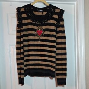 Dolce & Gabbana Black and Tan Wool & Cashmere Striped Sweater With Sacred Heart